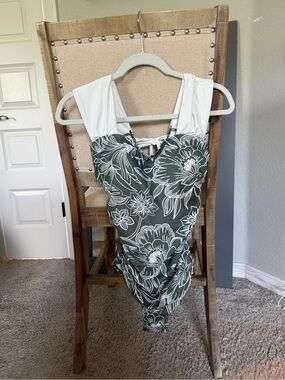 Olive Green Floral One-Piece Swimsuit with White Straps